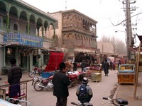 Kashgar street scene with Uyghur architecture.