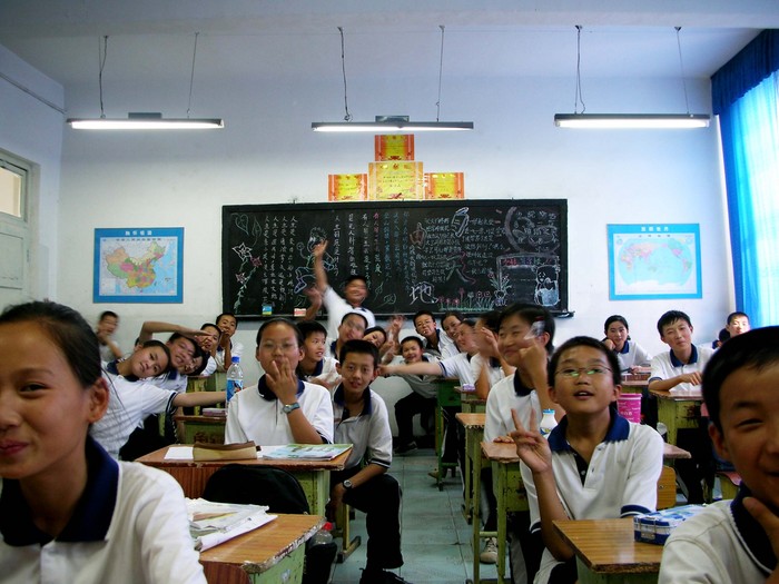My Junior 1, Class 1 students sit fairly peacefully in their classroom. Junior 1, by the way, is equivalent to America's Grade 6. This is the smartest class of kids I had at the Railway School.