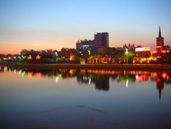 Neon along the Kong Que River, in downtown Korla.