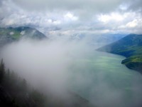 A view of Kanas Lake from the viewing pavilion. Damn you, clouds! Still pretty, though.