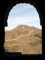 Looking at another section of the Great Wall through a window in the first Simatai tower.