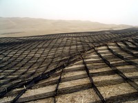 An experimental section of low, criss-crossed fences to prevent the encroachment of the desert.