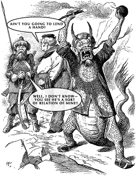 John Bull, Russia as a Tartar, and China as a beast in a cartoon from Punch, October 17, 1891.