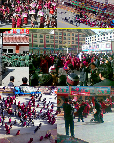 Monks and civilians protest in Xi@he, Gansu near the Labr@ng Monastery on March 14, 2008.