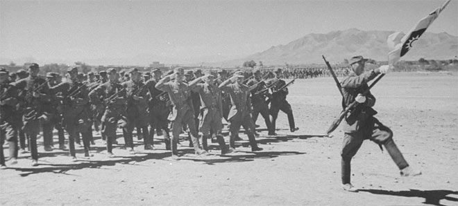 Sheng Shicai's Nationalist aligned troops march in Sinkiang.